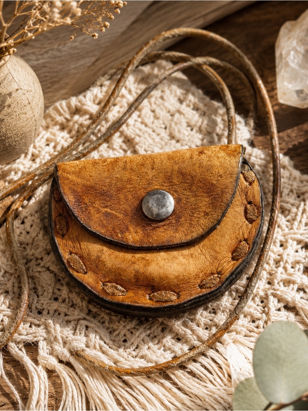 Vintage 70s Tooled Leather AirPod Case Crossbody Micro Mini Pouch Boho